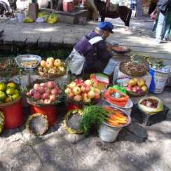 Naxi vrouw met haar koopwaar in Lijiang, China, okt. 2011